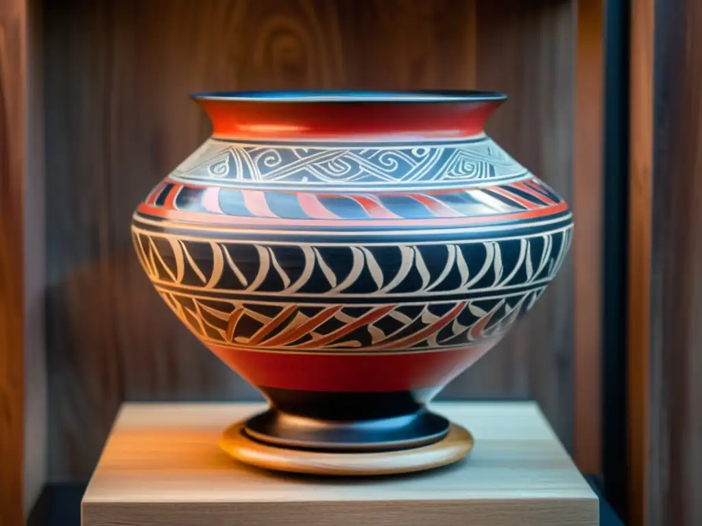 Cerámica Jomon Japón: Vaso de cerámica decorado con patrones rojos y negros, iluminado por una cálida luz, sobre un soporte de madera envejecida