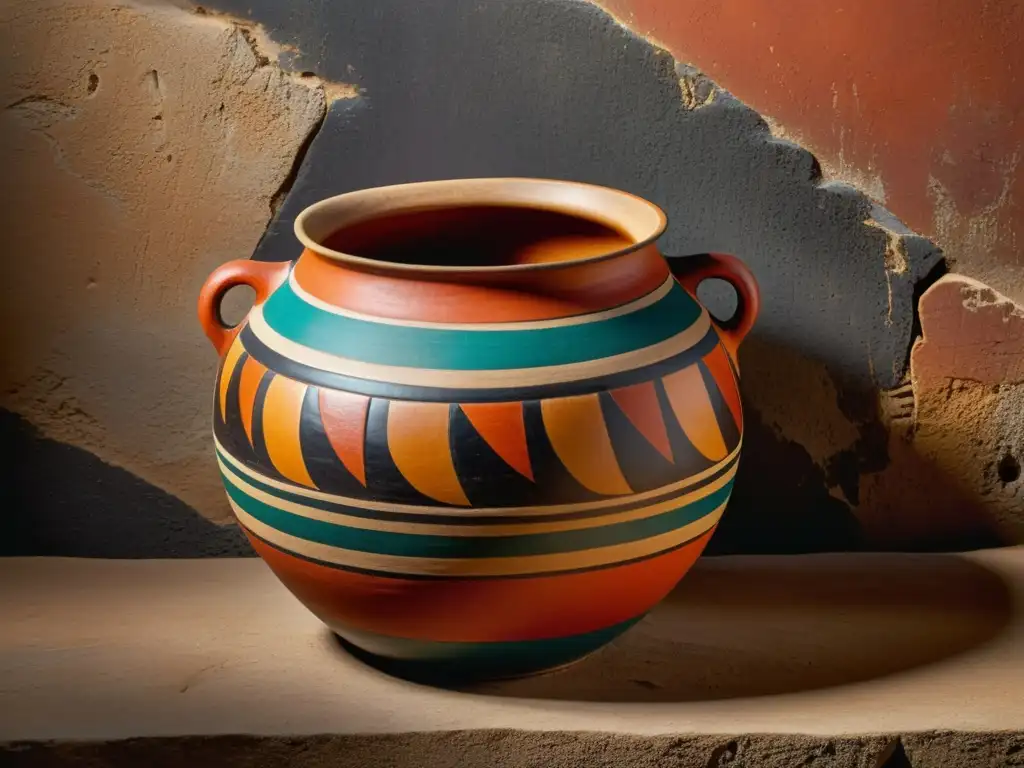 Una cerámica precolombina bellamente conservada con patrones geométricos y colores vibrantes, exhibiendo la artesanía y sofisticación artística de las culturas mesoamericanas