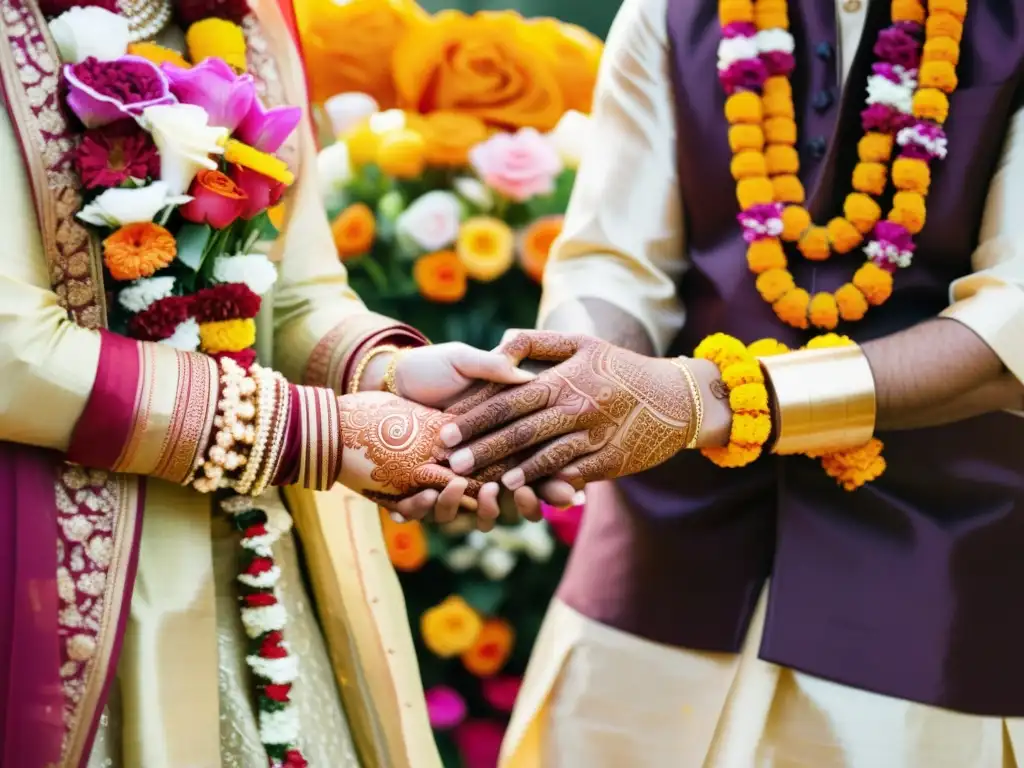 Una fotografía vintage de una ceremonia de boda hindú con diseños de henna, guirnaldas florales y atuendos tradicionales