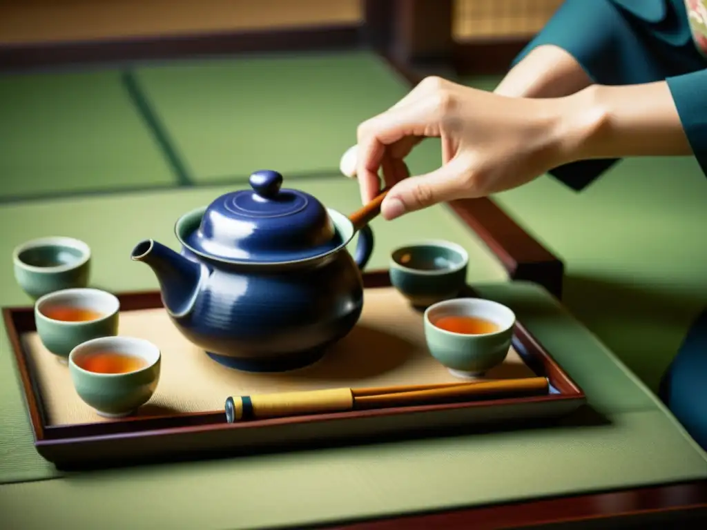 Una ceremonia del té japonés con un exquisito set de cerámica, evocando el impacto cultural de la cerámica asiática