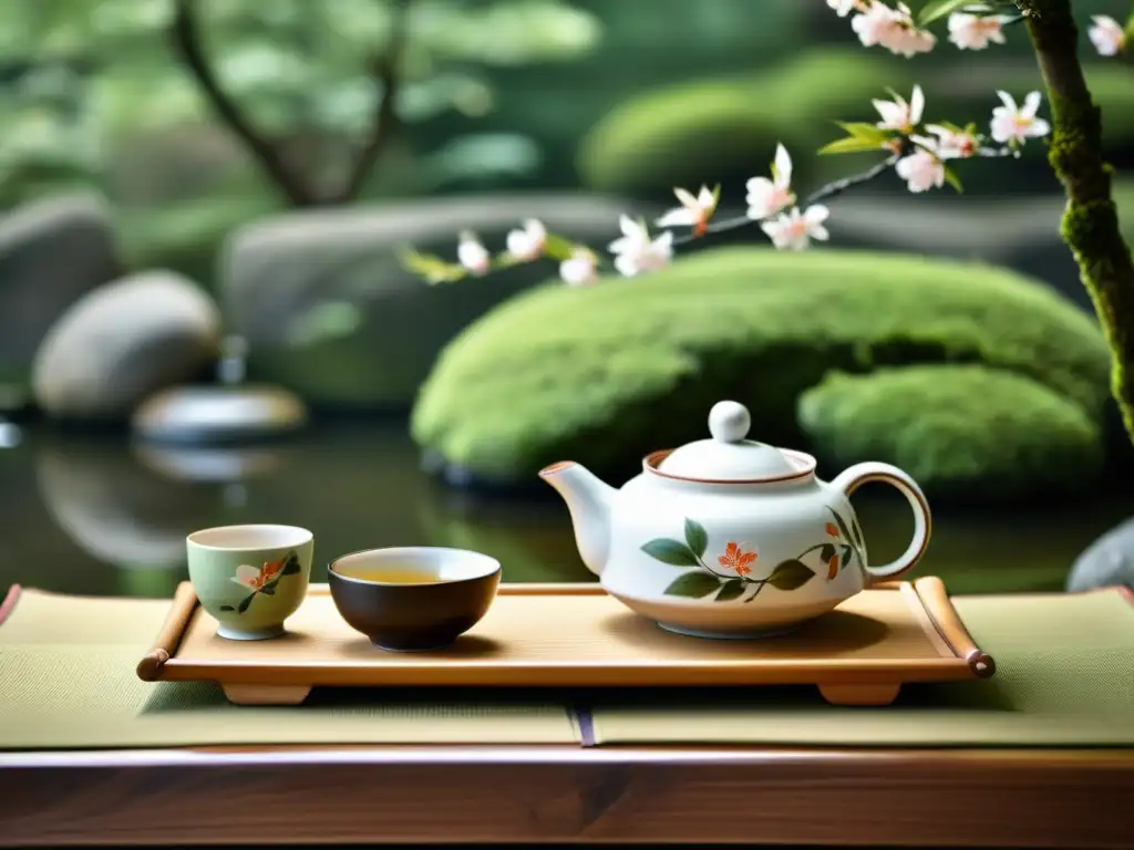 Una ceremonia del té japonés con un juego de té de cerámica vintage y motivos de cerezo, en un jardín japonés