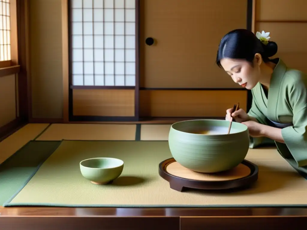 Una ceremonia del té japonesa en una sala serena, con cerámica delicada y diálogo filosófico