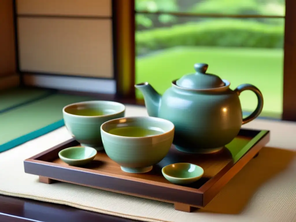 Una ceremonia del té japonesa en una serena habitación tatami, con un juego de té de cerámica meticulosamente elaborado sobre una bandeja de madera