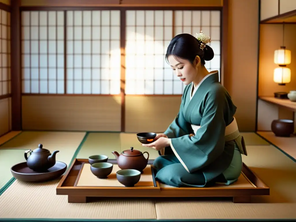 Una ceremonia del té japonesa en una serena habitación de tatami, con cerámica exquisita y un diálogo cultural profundo