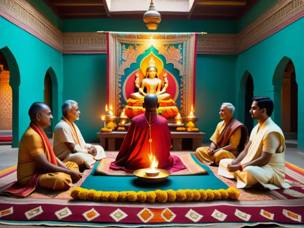 Hindu priests realizan una ceremonia con textiles sagrados en un templo ornado de la India, irradiando tradición y reverencia