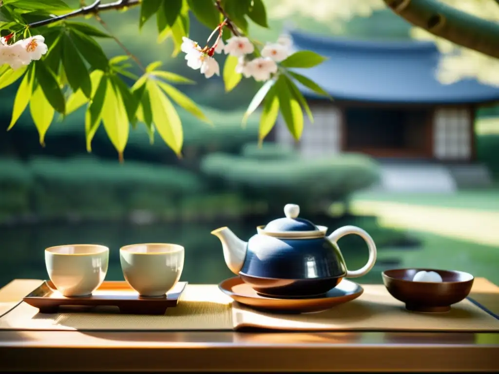 Un ceremonial japonés del té en un jardín sereno, simbolismo y estética de cerámicas japonesas