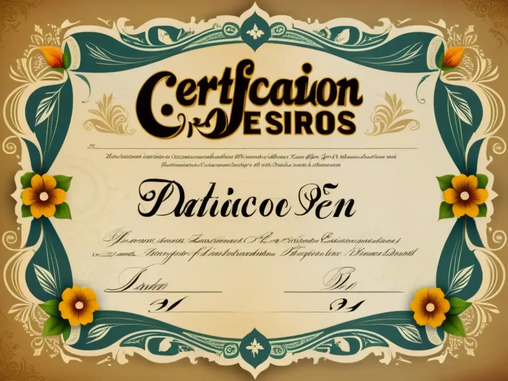 Una certificación vintage de diseño de patrones, con caligrafía ornamental y detalles florales, evocando artesanía y tradición