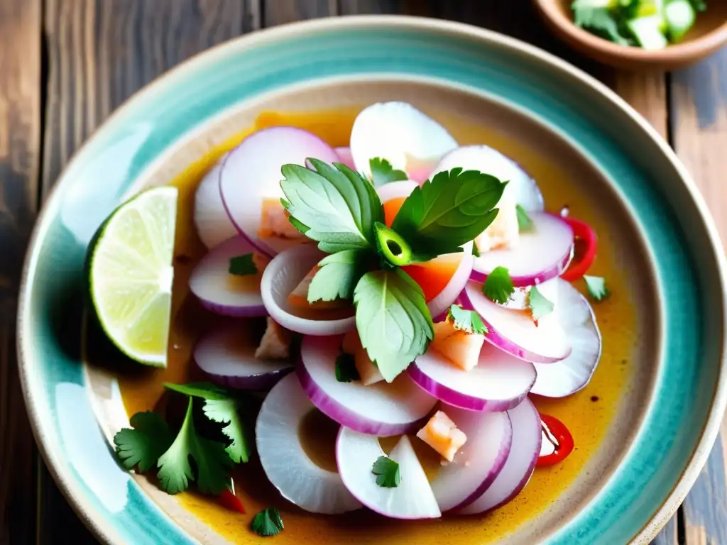 Un ceviche peruano bellamente presentado sobre un plato de cerámica, con colores vibrantes y patrones artísticos en platos peruanos