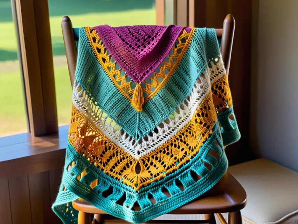 Un chal de ganchillo en colores vibrantes descansa sobre una silla de madera, destacando las técnicas de tejido a crochet latinoamericano con maestría y arte