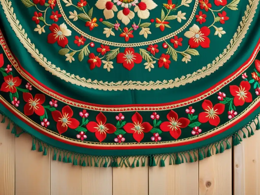 Un chal ruso tradicional bordado con finos detalles florales y colores vibrantes, evocando la rica historia de los bordados en Rusia