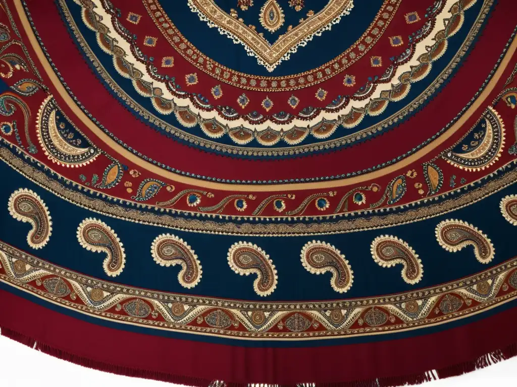 Un chal vintage con detallados patrones de paisley en subastas, en tonos rojos, azules y dorados, exhibiendo elegancia y artesanía