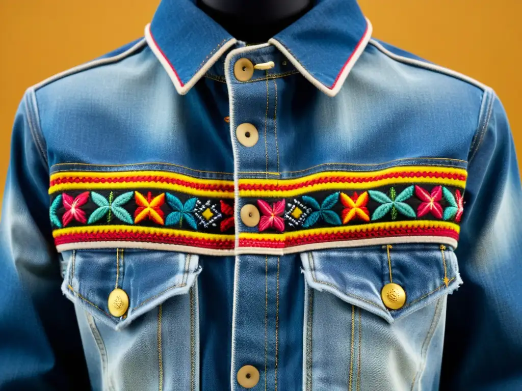 Una chaqueta vaquera vintage con bordados coloridos y patrones indígenas, combinada con un pañuelo a juego