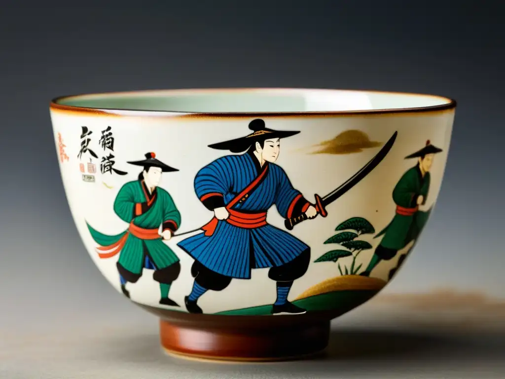 Un 'chawan' japonés con motivos de samuráis en alfarería, muestra la destreza artística y cultural