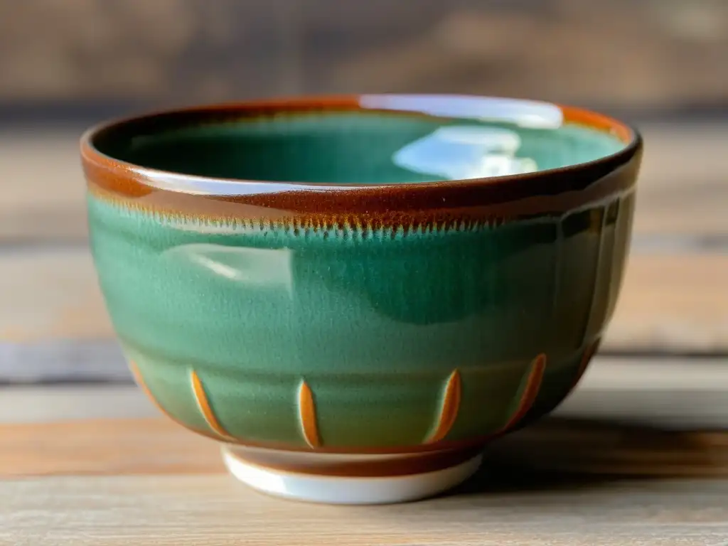 Una chawan japonesa de cerámica tradicional, con una rica mezcla de tonos verdes y marrones, resalta su belleza atemporal