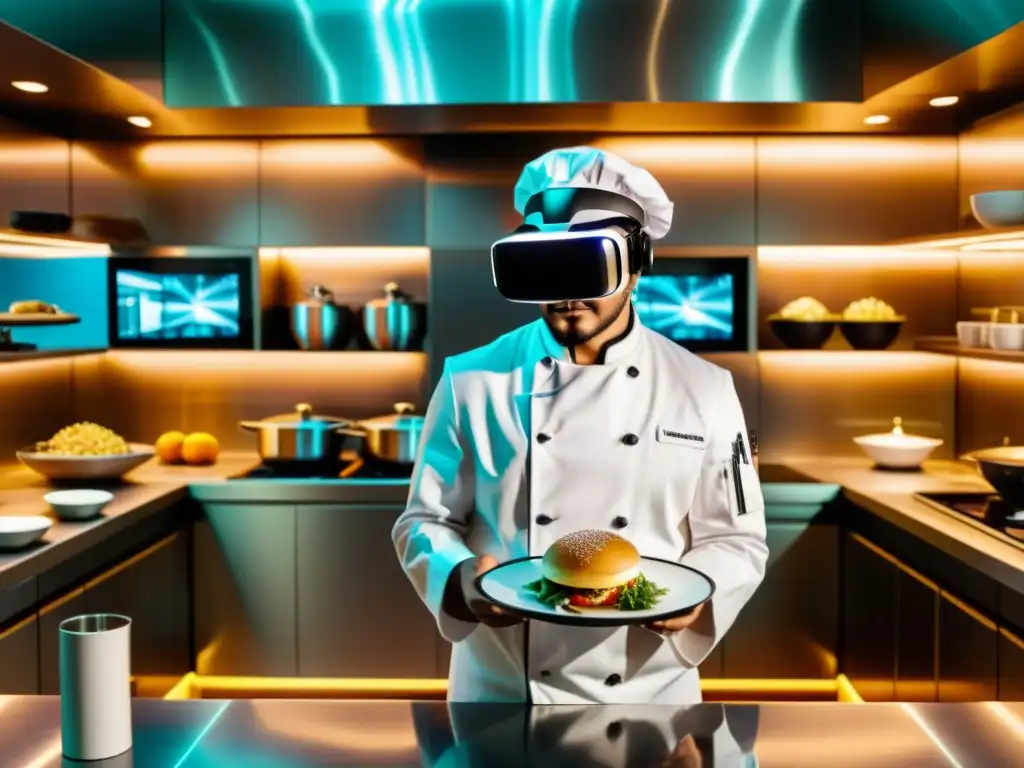 Un chef con auriculares de realidad virtual sostiene un plato innovador en una cocina futurista