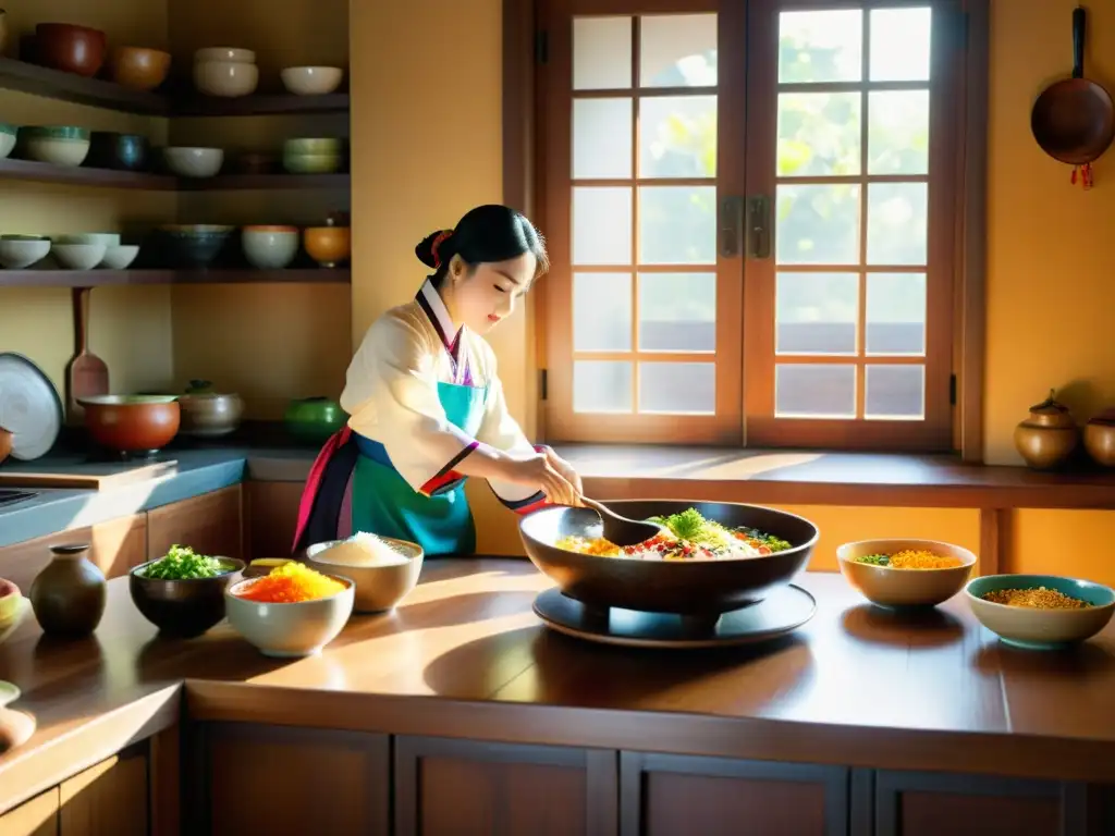 Chef coreano crea patrones culinarios únicos en cocina tradicional, bañada por cálida luz dorada