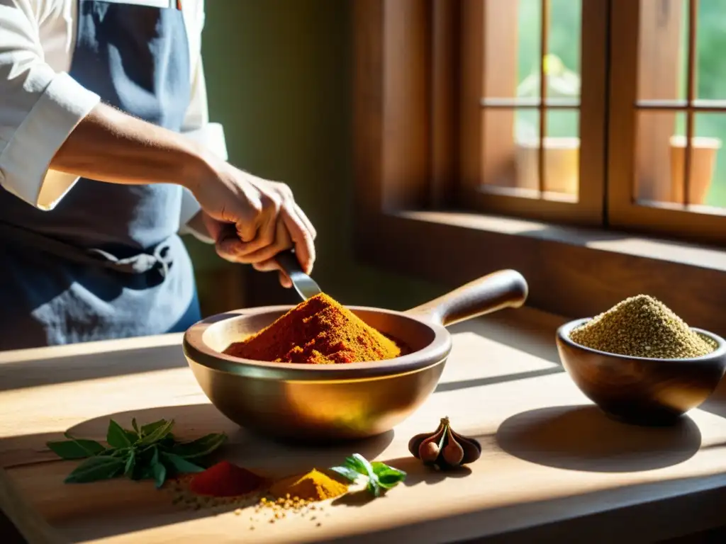 Un chef mezcla delicadamente especias exóticas en una cocina rústica, con luz cálida y sombras dramáticas