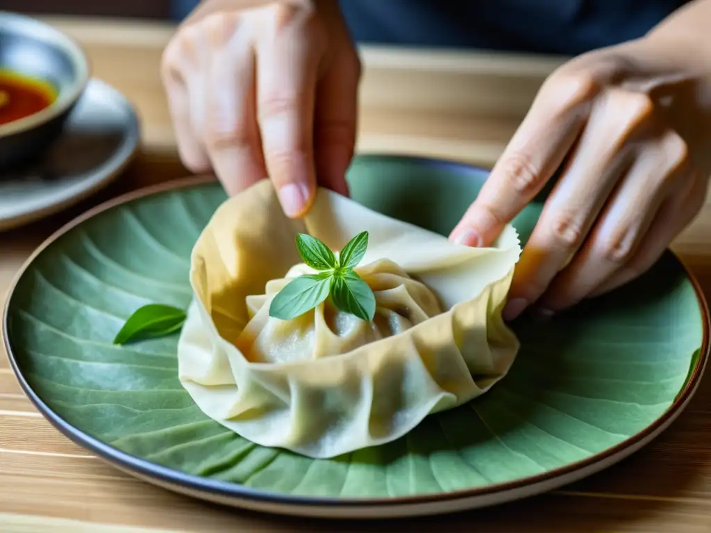 Un chef experimentado crea patrones artísticos en dumplings y empanadillas, evocando artesanía culinaria