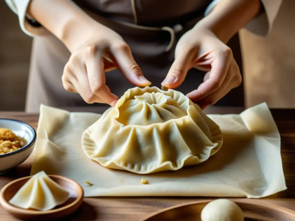 Un chef experto dobla dumplings y empanadillas con patrones artísticos, evocando tradición culinaria vintage