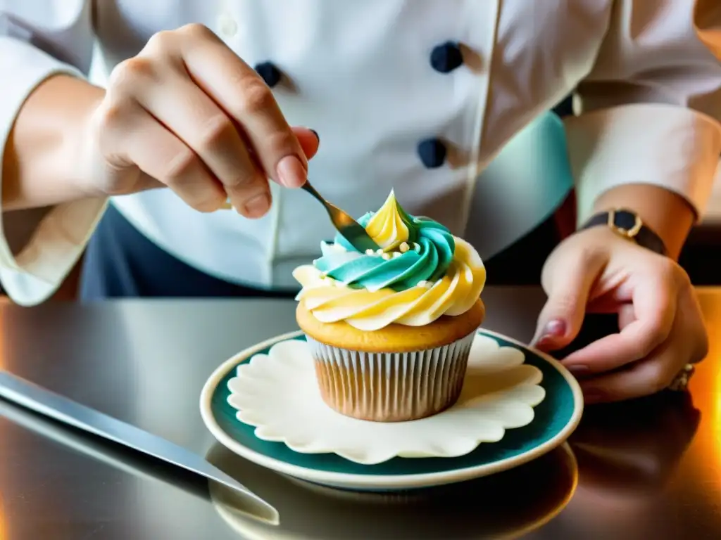 Un chef pastelero vintage decora con maestría un cupcake, mostrando técnicas de patrones en repostería en una cocina encantadora