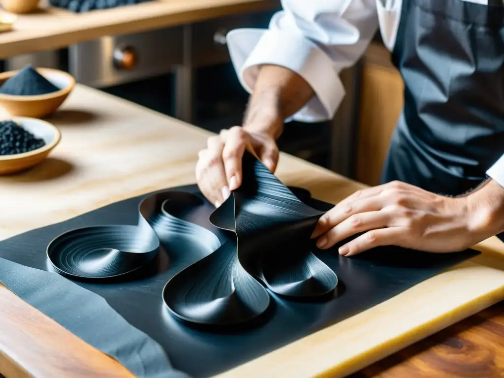 Un chef hábil crea patrones artísticos en pasta negra sobre una mesa de madera, resaltando la artesanía y el encanto vintage