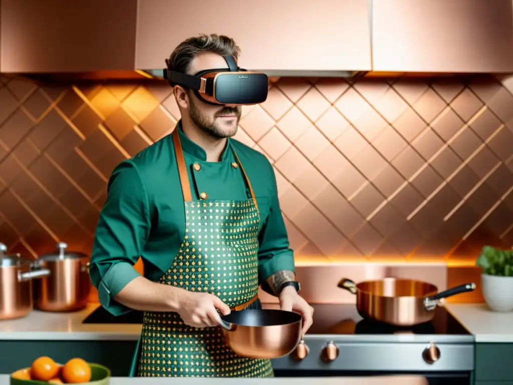 Un chef usa realidad virtual para diseñar platos, rodeado de elementos de cocina vintage y herramientas modernas