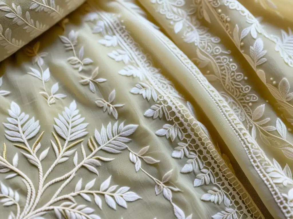 Chikankari bordado moda contemporánea: Detalle de un elegante saree crema con intrincados bordados florales y motivos tradicionales en hilo blanco