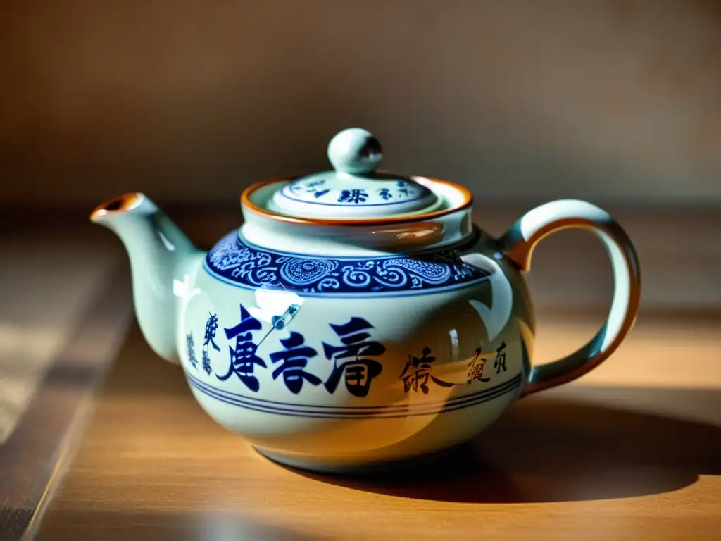 Teapot chino de cerámica, con diseño floral y caligrafía, exuda filosofía y diseño alfarería china en tonos cálidos y elegantes