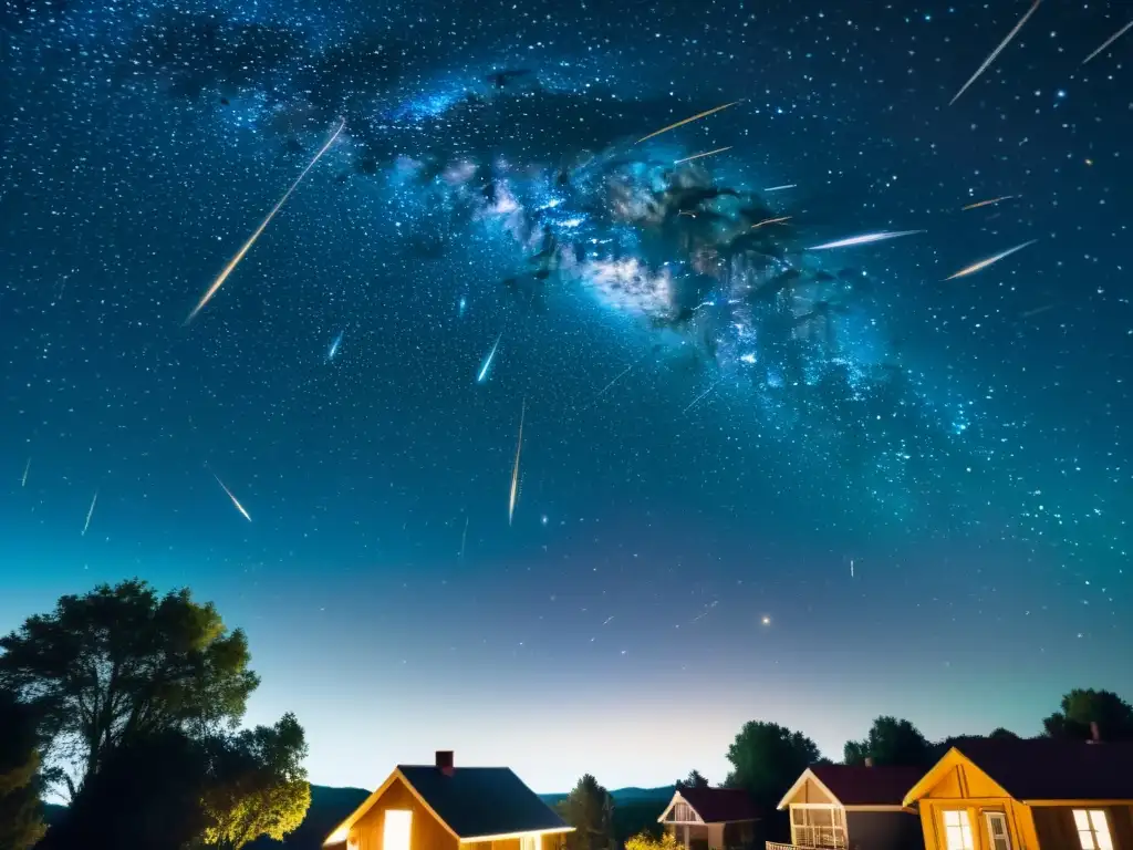 Un cielo nocturno repleto de estrellas fugaces y detallados patrones en lluvias de estrellas, evocando una belleza mágica y nostálgica