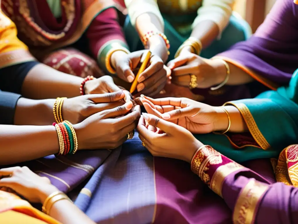 Un círculo de mujeres indias cosiendo patrones de patchwork en vibrantes telas, con expresiones concentradas y cálida luz solar