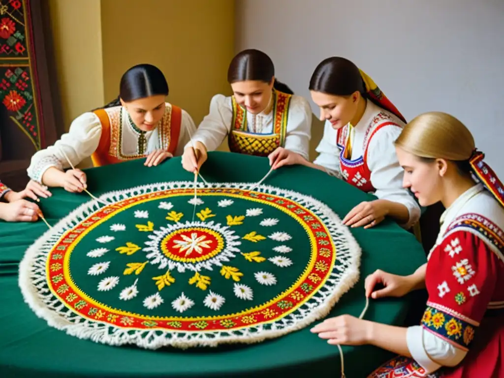 Un círculo de mujeres ucranianas bordando motivos tradicionales en un taller ancestral