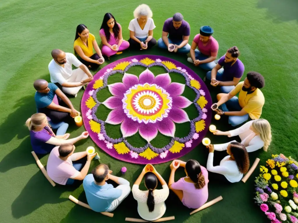 Un círculo de personas crea mandalas con pigmentos en un jardín, rodeados de flores