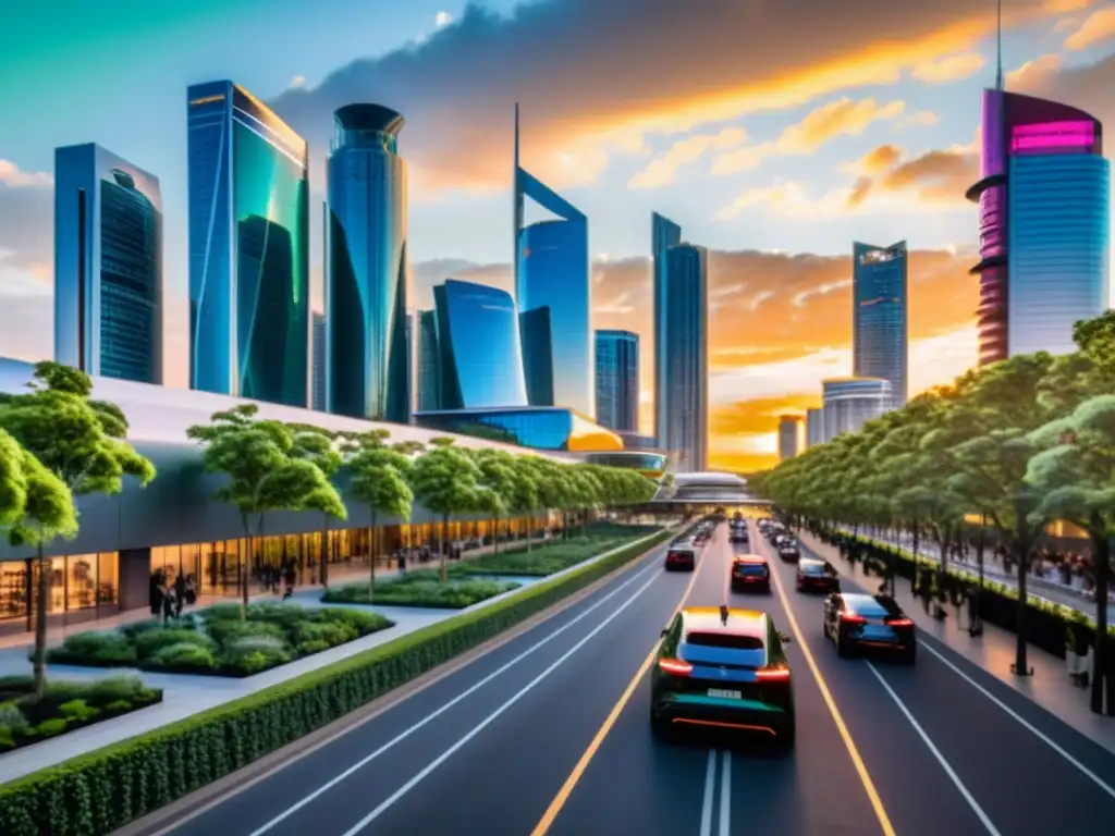 Metrópolis futurista: rascacielos verdes y atardecer vibrante Una ciudad bulliciosa con rascacielos modernos, diseño innovador y energéticamente eficiente, y una vibrante puesta de sol
