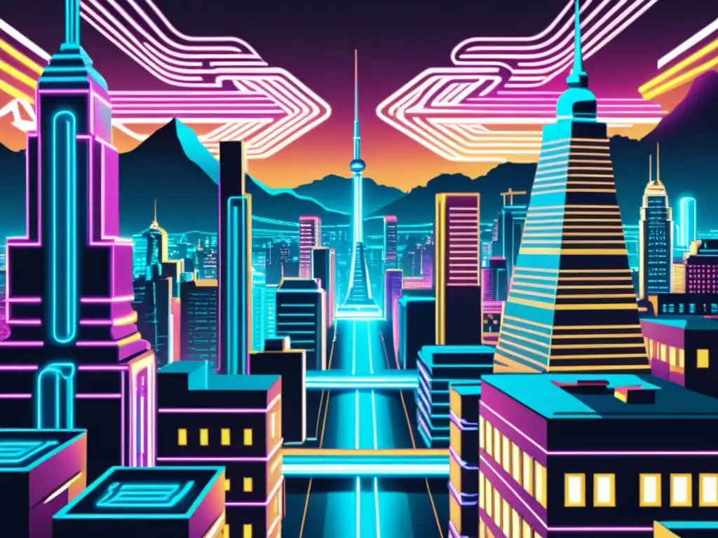 Una ilustración vintage de una ciudad futurista donde patrones culturales tradicionales se entrelazan con elementos de inteligencia artificial moderna