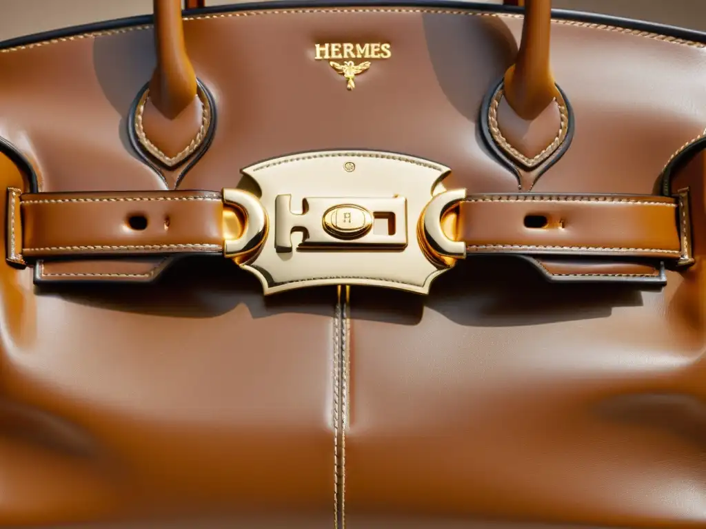 Closeup de lujoso bolso Hermes en cuero bronceado con diseño de marca con patrones históricos, evocando sofisticación y herencia