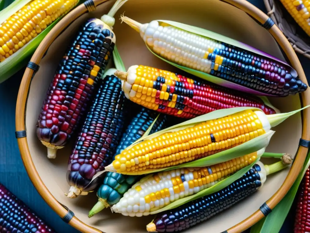 Closeup de mazorcas de maíz coloridas en cesta de fibras naturales, resaltando patrones ancestrales en gastronomía nativo americana