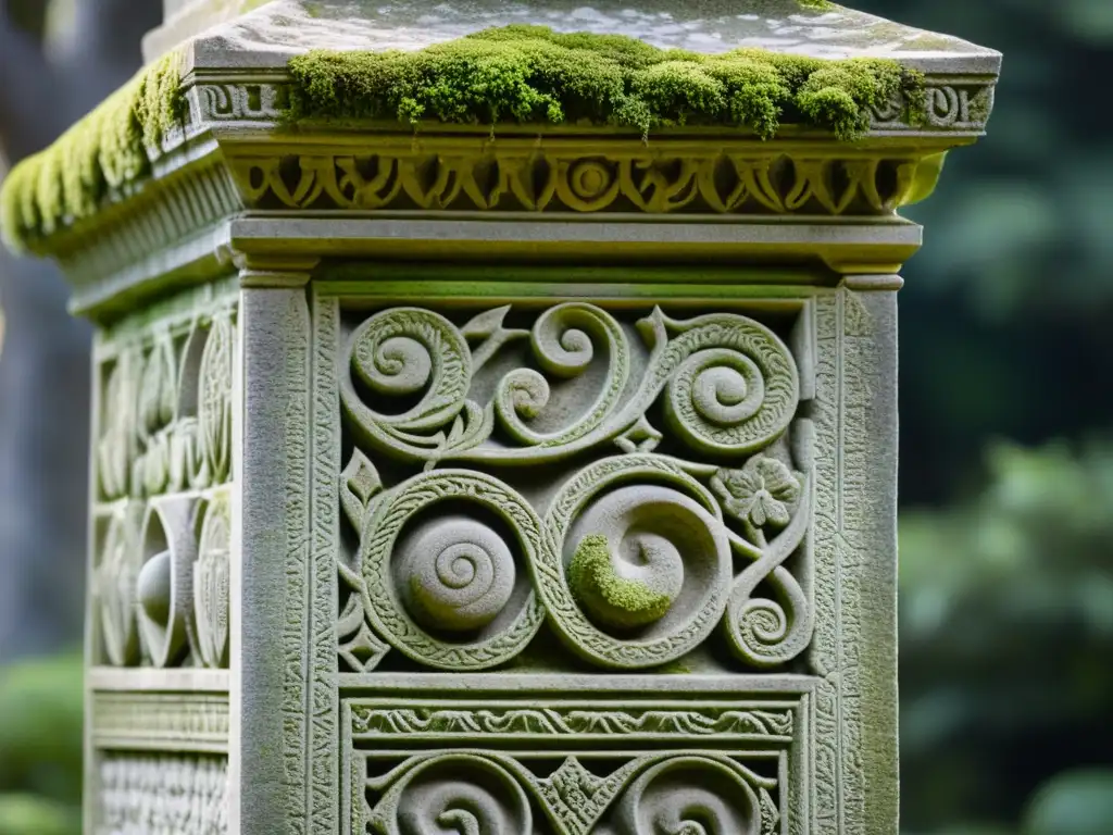 Closeup de monumento de piedra desgastada con patrones históricos, iluminado por la suave luz de la tarde