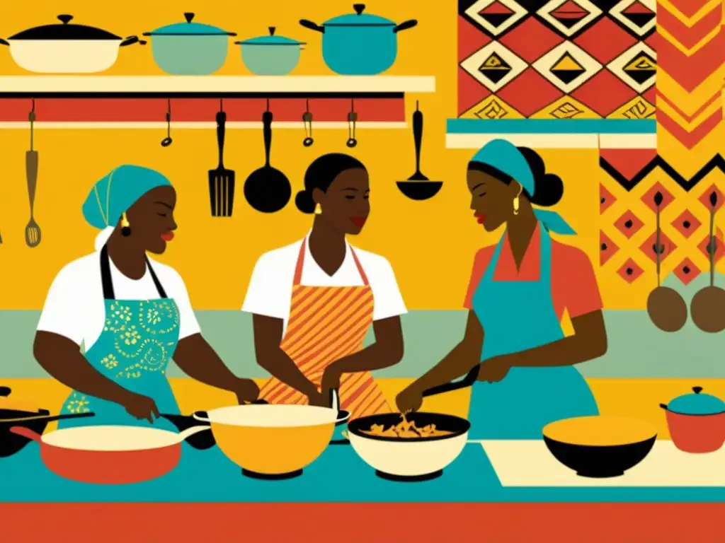 Cocina afrocaribeña: ritmo y tradición en colores vibrantes Una cocina afrocaribeña llena de patrones rítmicos, chefs preparando platos tradicionales con gracia y colorido