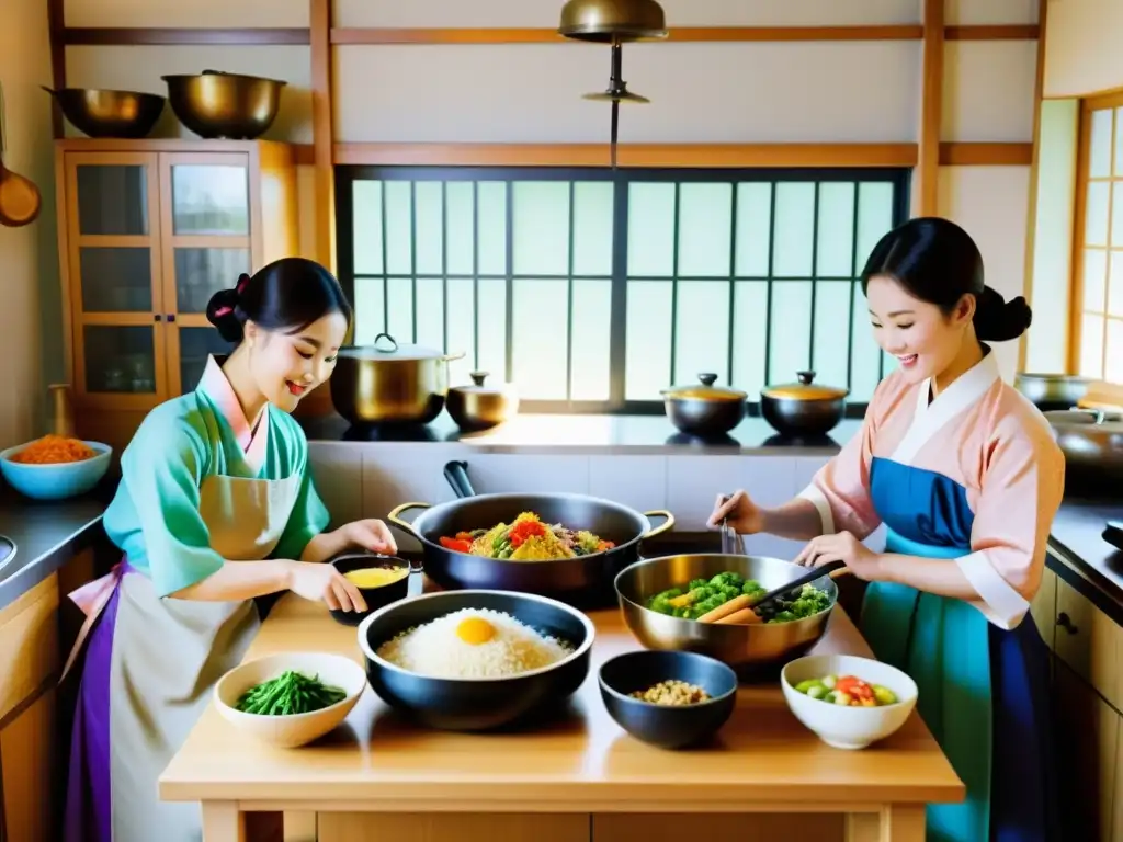 Una cocina tradicional coreana llena de actividad, con mujeres en hanboks preparando patrones culinarios coreanos únicos