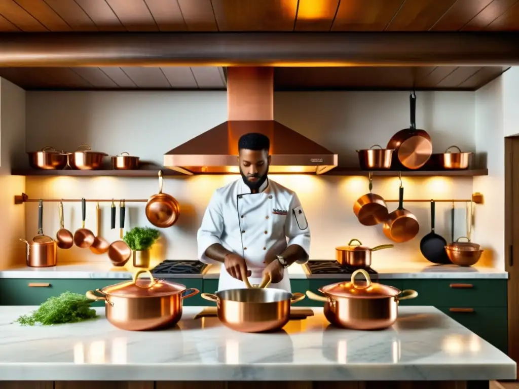 En una cocina vintage, un chef prepara patrones de fusión en cocina entre ollas de cobre y especias en frascos de vidrio