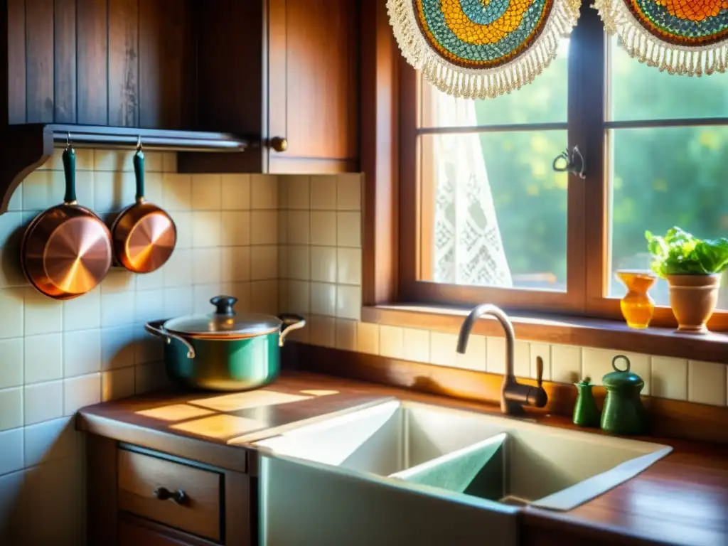 Una cocina vintage con patrones de diseño en las cocinas del mundo, utensilios de cobre y vajilla colorida en una mesa rústica