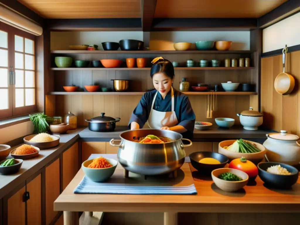 Un cocinero experto prepara un plato en una cocina coreana tradicional, con patrones culinarios coreanos únicos