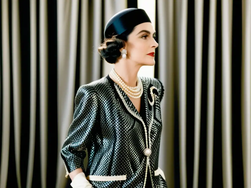 Coco Chanel deslumbra en un atelier parisino con un vestido de patrones metálicos en alta costura, irradiando sofisticación y elegancia atemporal