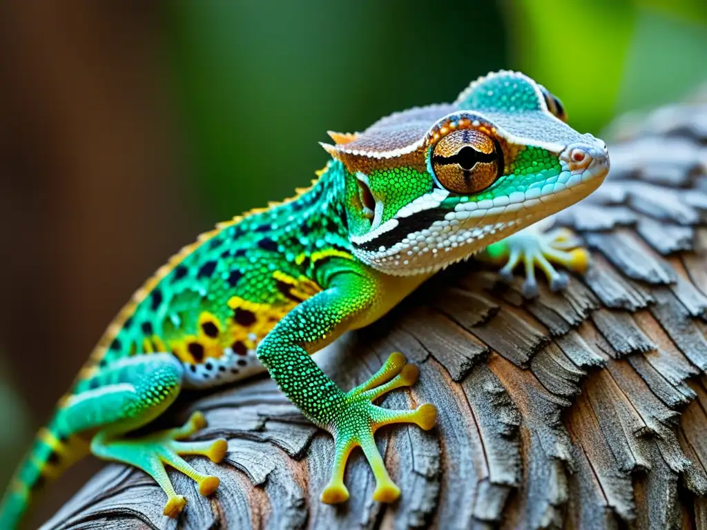 Un gecko de cola de hoja camuflado a la perfección en la corteza del árbol