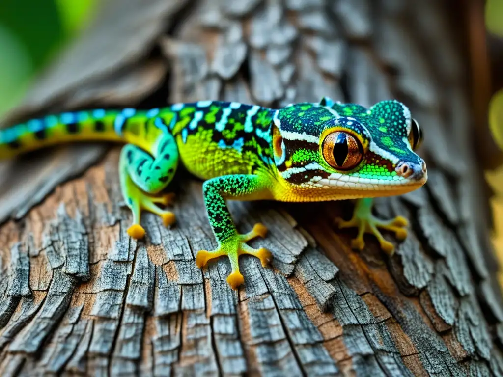 Un gecko de cola de hoja exhibe patrones de camuflaje en animales, mimetizándose con la corteza áspera del árbol