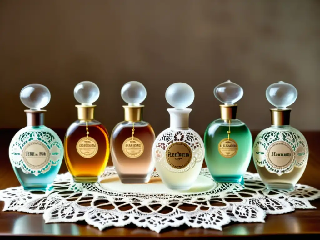 Una colección de antiguos frascos de perfume con diseños artísticos en un entorno nostálgico y elegante