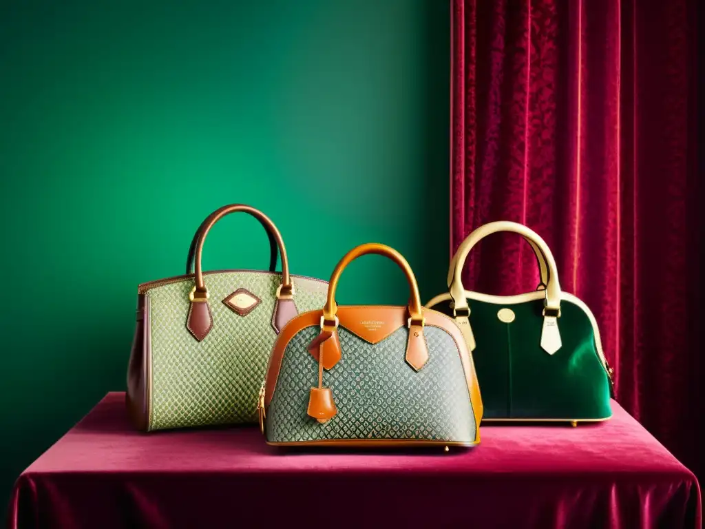 Exquisita colección de bolsos de lujo vintage Una colección de bolsos vintage de lujo con patrones artísticos y uso vibrante de color, mostrando elegancia y sofisticación