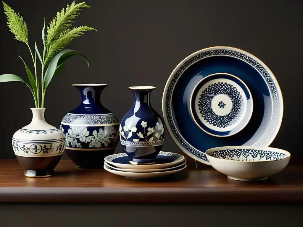 Exquisita colección de cerámica vintage Una colección de cerámica decorativa exquisitamente dispuesta en un ambiente elegante y sofisticado, resaltando su artesanía única y colores vibrantes