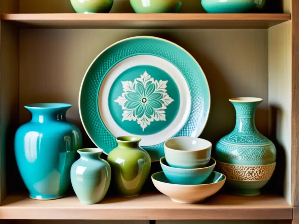Platos y jarrones de cerámica vintage en estantería rústica Una colección de cerámica decorativa en un estante de madera rústica, iluminada por luz natural