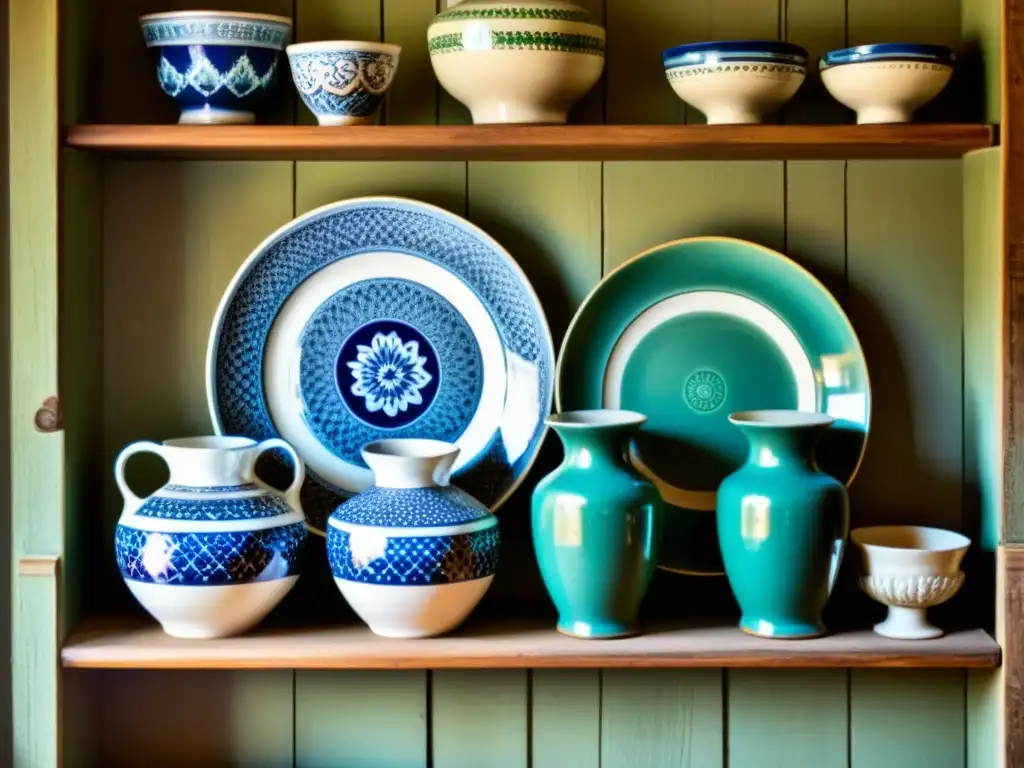 Platos y jarrones decorativos vintage en estante de madera Una colección de cerámica decorativa vintage exhibida en estantes de madera rústica, iluminada por suave luz, evocando nostalgia y encanto